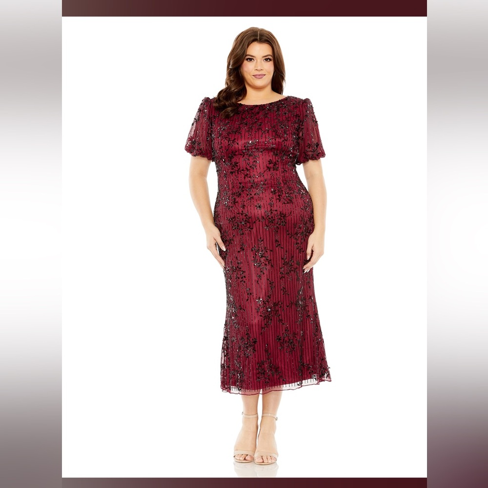 NWT,Mac Duggal 5940 Puff Sleeve Floral Beadwork Dress,Burgundy